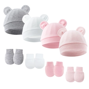 Infant cotton knit hat with ears and anti-scratch mittens set in pink, grey and white