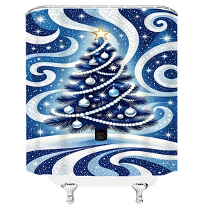 Blue Christmas tree shower curtain with silver ornaments and starlight pattern on a cold background