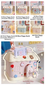 Macro detail of house-shaped piggy bank with coin slot, key lock, and DIY stickers