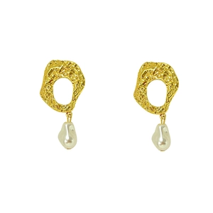 Vintage gold textured baroque pearl drop earrings featuring handcrafted metal texture