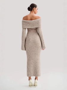 Elegant beige off-shoulder knitted maxi dress featuring a slim-fit silhouette and long sleeves