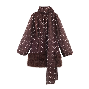 Abito Mini In Chiffon A Pois Con Fiocco Collo Maniche Lunghe Bordo In Pelliccia Sintetica Sexy Elegante Marrone