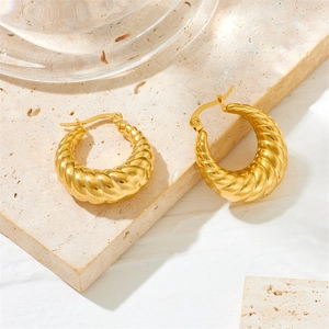 Golden twisted stainless steel hoop earrings displayed on a textured stone background