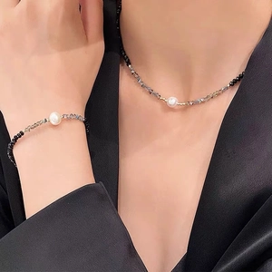 Artificial Pearl Beaded Necklace And Bracelet Stainless Steel Black Spinel Crystal Jewelry For Women Elegant