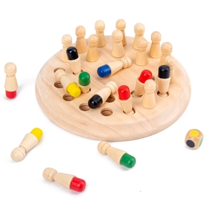 Wooden color memory chess game set for kids with colorful pegs and dice on white background