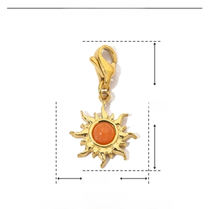 Macro view of sun pendant with orange natural stone and dimensions measurement
