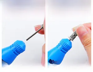 Detailed guide showing the metal drill bit installation on blue electric nail file machine
