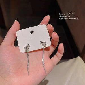 Detail shot of silver butterfly drop earrings with shimmering fringe tassels on display card