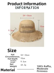 Size chart for raffia sun hat showing 54-56cm circumference and 9.5cm wavy brim dimensions