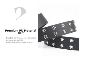 Detail of black PU leather belt featuring unique double-row star-shaped metal eyelets