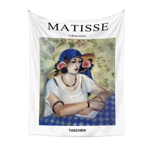 Detail view of Matisse portrait art tapestry with minimalist book cover design on white
