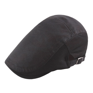 Dark gray mesh newsboy cap with camouflage print and adjustable metal side buckles