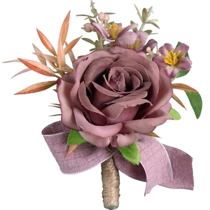 Elegant dusty pink rose boutonniere with lavender ribbons and burlap twine for weddings