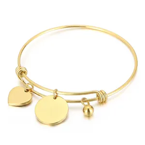 Stainless Steel Adjustable Bangle Bracelet With Engraved Heart And Round Love Charms Minimalist Fashion Jewelry For Women
