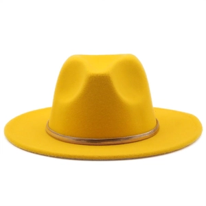 Detailed close-up of a bright yellow wool fedora hat with a slim gold metallic braided band