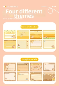 Detailed view of Capybara themed stationery notes in bakery and cafe illustration styles