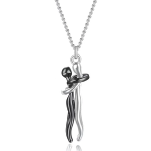 Romantic hug pendant necklace for couples in silver and black dual-tone metal