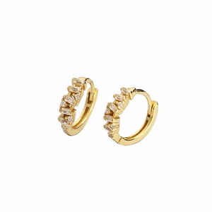 Elegant gold S925 silver hoop earrings with rectangular zircon stones on white background