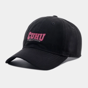 Detail of vintage black cotton baseball cap featuring pink CUHU embroidery and curved brim