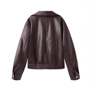 Back view of a classic dark brown faux leather jacket with lapel and elastic hem