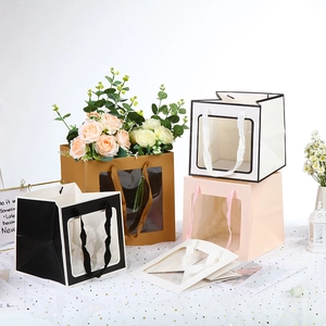 Square gift bags with transparent windows in kraft, black, white, and pink finishes