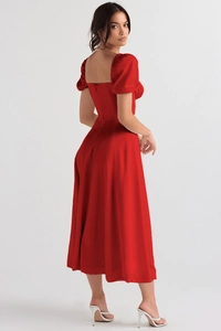 Elegant high waist red midi dress featuring puff sleeves and hidden back zipper detail
