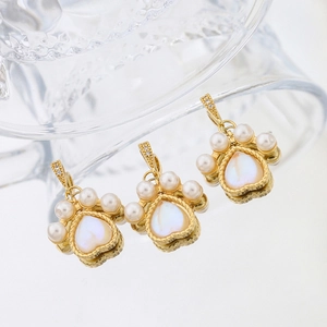 Gold-plated cat paw pendant with pearl border and iridescent heart gemstone charm