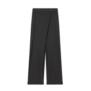 Pantalon Large Femme Taille Haute Croisée Asymétrique Bouton Pantalon Long Décontracté Polyester Noir Uni