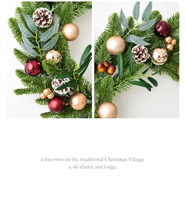Detailed view of Christmas wreath featuring pine cones, red berries, and gold baubles