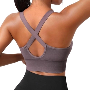 Seamless racerback sports bra in grey-purple with wide criss-cross straps for gym yoga