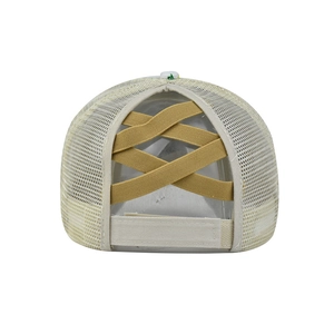 Beige mesh ponytail baseball cap with criss cross elastic bands and velcro closure