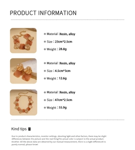 Detailed size specifications for amber resin and gold alloy fashion jewelry sets