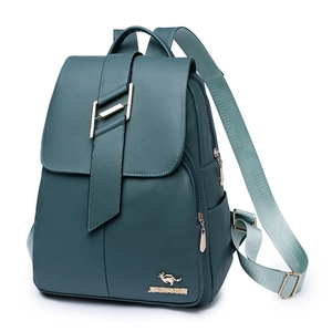 Deep green textured leather backpack for women with metal buckle and adjustable straps