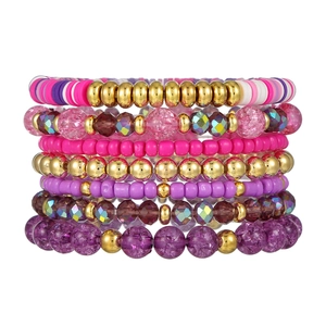 Chic 7-piece acrylic crystal beaded stretch bracelet set in pink and purple tones for women