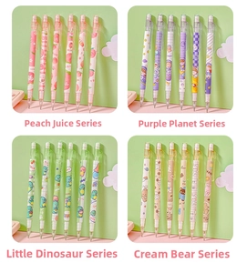 Set di penne a scatto carine con motivi pesche e dinosauri in griglia con layout 2x2