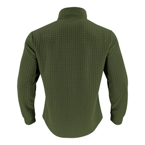 Detail view of olive green fleece jacket with textured grid fabric and stand-up collar