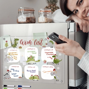 Detailed view of dinosaur acrylic magnetic fridge board with Wish List plan layout