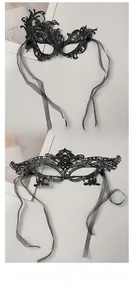 Close-up of black lace masquerade masks with intricate cutout floral patterns and ribbons