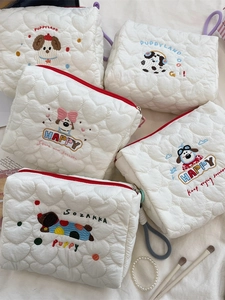 Kawaii Cartoon Dog Embroidery Makeup Bag Heart Quilted Polyester Cosmetic Pouch Zipper Organizer Travel Handbag Clutch