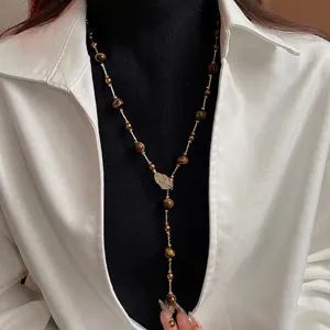 Maillard vintage tiger eye stone Y-necklace with leaf zircon tassel and gold chain