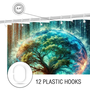 Detail of tree of life shower curtain with 0.4 inch metal eyelets and 12 plastic hooks