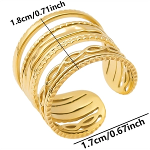 Detail of layered gold stainless steel ring with wave patterns and size dimensions