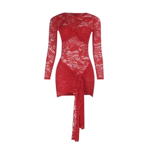 Detail of red lace mini dress with decorative front knot and hollow out texture
