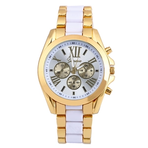 Two-tone Geneva quartz watch with gold metal and white ceramic strap for men