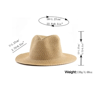 Classic straw fedora hat for sun protection with dimensions and weight specifications