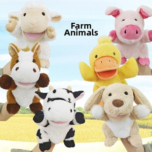 Set of six farm animal plush hand puppets including a sheep, pig, duck, and cow for kids