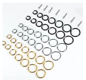 Titanium steel hoop earrings available in black, silver, and gold from 8mm up to 20mm