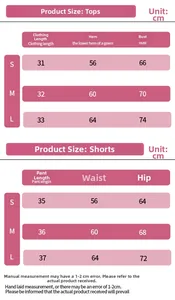 Maattabel voor yogaset met afmetingen voor top en shorts in centimeters