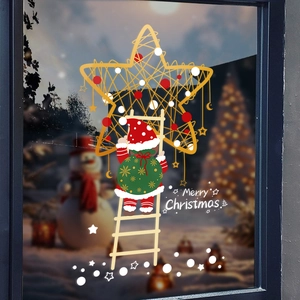 Adesivi Finestra Natale PVC Statico Doppio Lato Babbo Natale Scala Stella Dorata Rimovibile Decorazioni Festival Porta Vetro Negozio