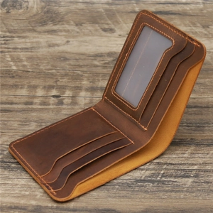 Minimalist dark brown crazy horse leather wallet with multi-card slots and ID window